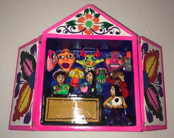 Retablo Diorama “Masks Workshop “ Handcrafted Sculpture, Collectable Diorama Ceramic Folk Art From Peru