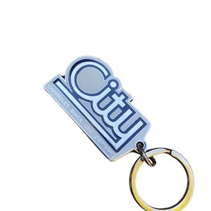 Vintage City Automobile Collectable Keychain, GMC Cadillac Chevrolet Buick, White and Blue Enamel, Chrome Keychain