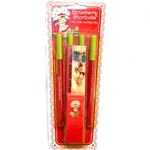 Strawberry Shortcake Red 6 Piece Stationery Study Set. ~ 4 Pens, Ruler, Sticky Tabs, Vintage 2005