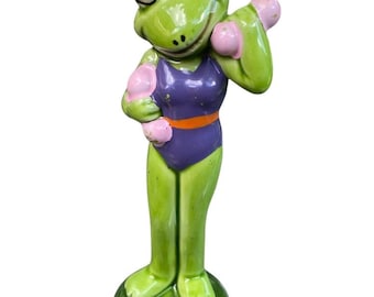 体重計を持ち上げている擬人化されたカエルの女性 ヴィンテージ 日本製