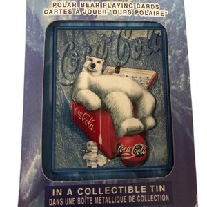 Cartas de baralho vintage Coca-Cola Polar Bear de 1998, 2 baralhos lacrados em lata de Natal
