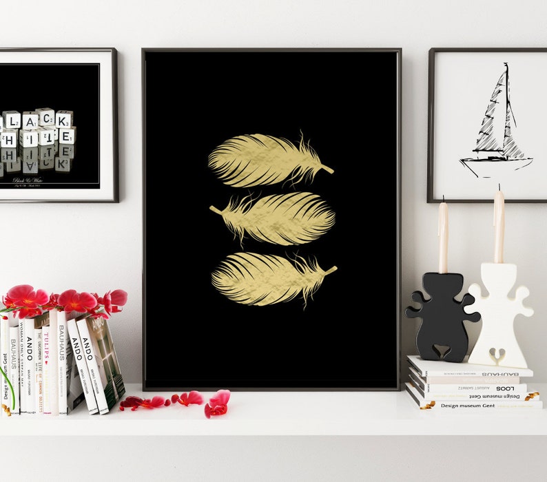 Gold Feather Gold Wall Art Gold Foil Print Feather Print Etsy