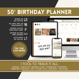 Interactive 50 Birthday Planner Budget Tracker Guest Lists Seating Chart Template Organizer Dashboard Tool Web Based Planner App