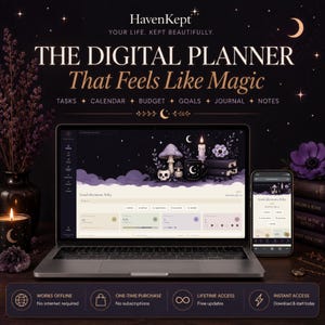 May include: A digital planner displayed on a laptop and smartphone screen, featuring a dark purple theme with celestial and mushroom illustrations. The interface includes sections for tasks, calendar, budget, goals, journal, and notes. Text reads HavenKept, The Digital Planner That Feels Like Magic, and Good afternoon, Riley.