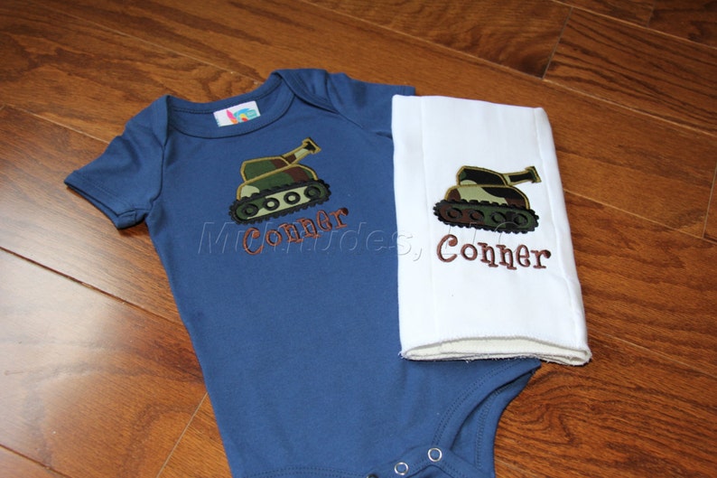 Boy Tank Applique BodysuitBurp Cloth Set