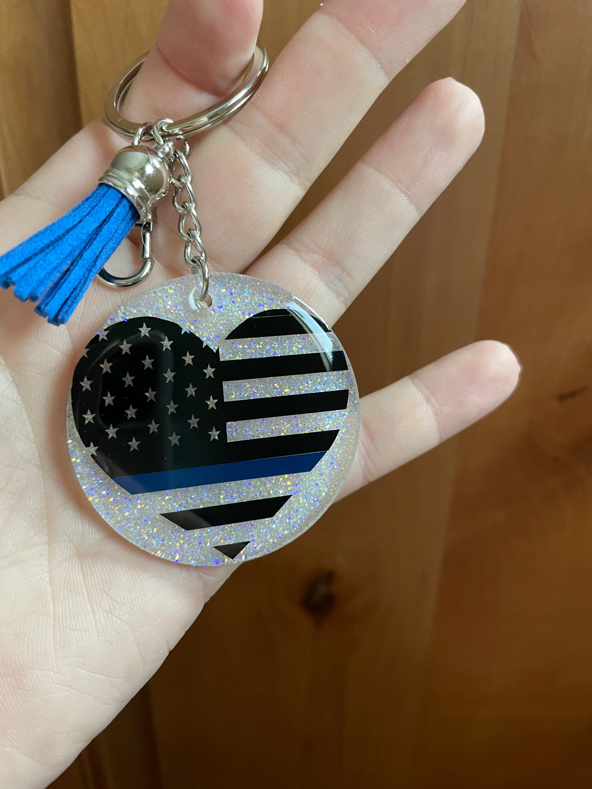 Thin Blue Line Heart Glitter Acrylic Keychain Police Etsy