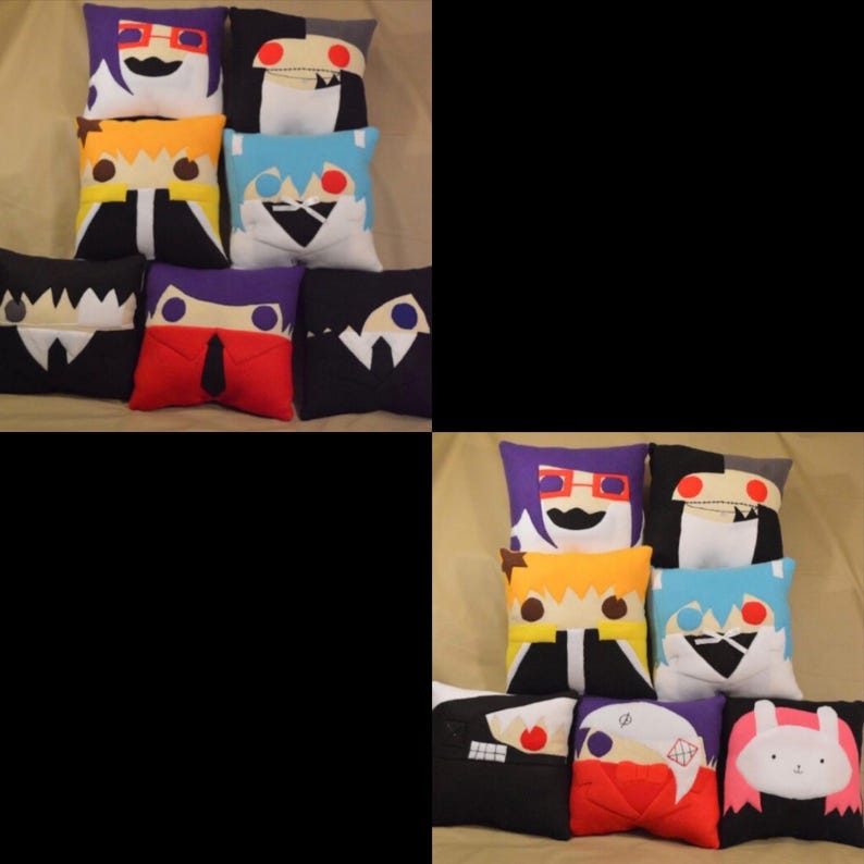 May include: A set of 10 colourful plush pillows featuring different cartoon characters. The pillows are made of soft fabric and have a variety of expressions.