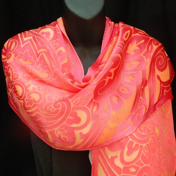 Scarlet and Gold Arabesque - Hand-dyed Devore Satin Rayon and Silk Scarf/Shawl,Size 14 x 72,  Birthday, Anniversary,