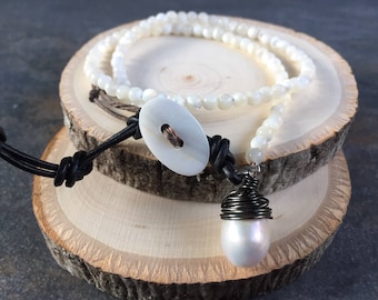 LifeBoho - Double White Pearl Black Leather Bracelet with Sterling Silver Lobster Clasp, White Pearl Black Leather Bracelet, FREE SHIPPING