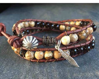 Life Boho Brown Leather Sterling Silver Feather Wrap, Picture Jasper Beaded Bracelet, Sterling Silver Aztec Button FREE SHIPPING