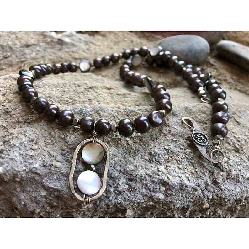 Life Boho 22 Inches ***FREE SHIPPING*** Sterling Silver Shell Pendant Necklace Brown Black Pearl Shell Necklace Brownish Pearl Necklace