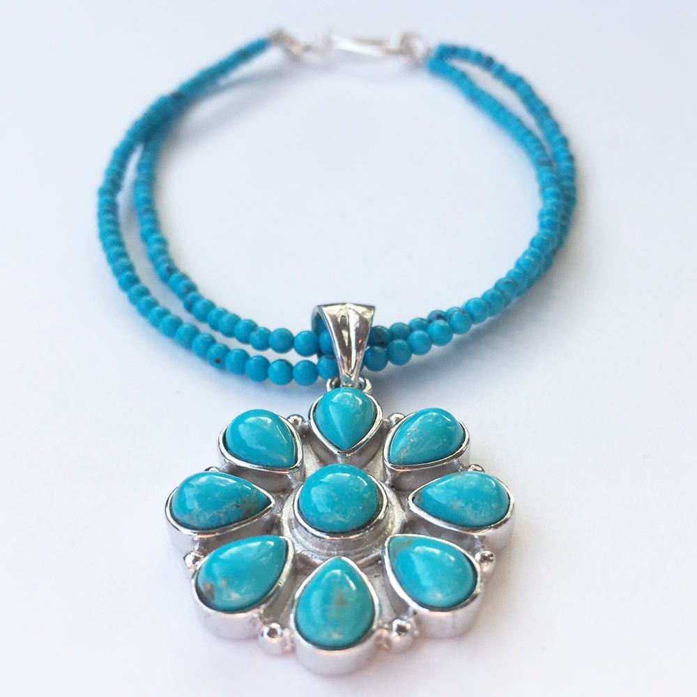 Concha Sterling Silver Turquoise Double Strand Bracelet, Turquoise Pendant Bracelet, Sterling Silver Turquoise Strand Bracelet FREE SHIPPING