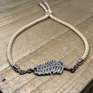 Reduced - LifeBoho Micro Pave CZ Cubic Zirconia Black Leaf Beaded Adjustable Bracelet, Handmade Leaf Bracelet, Black Leaf Tan Rope Bracelet