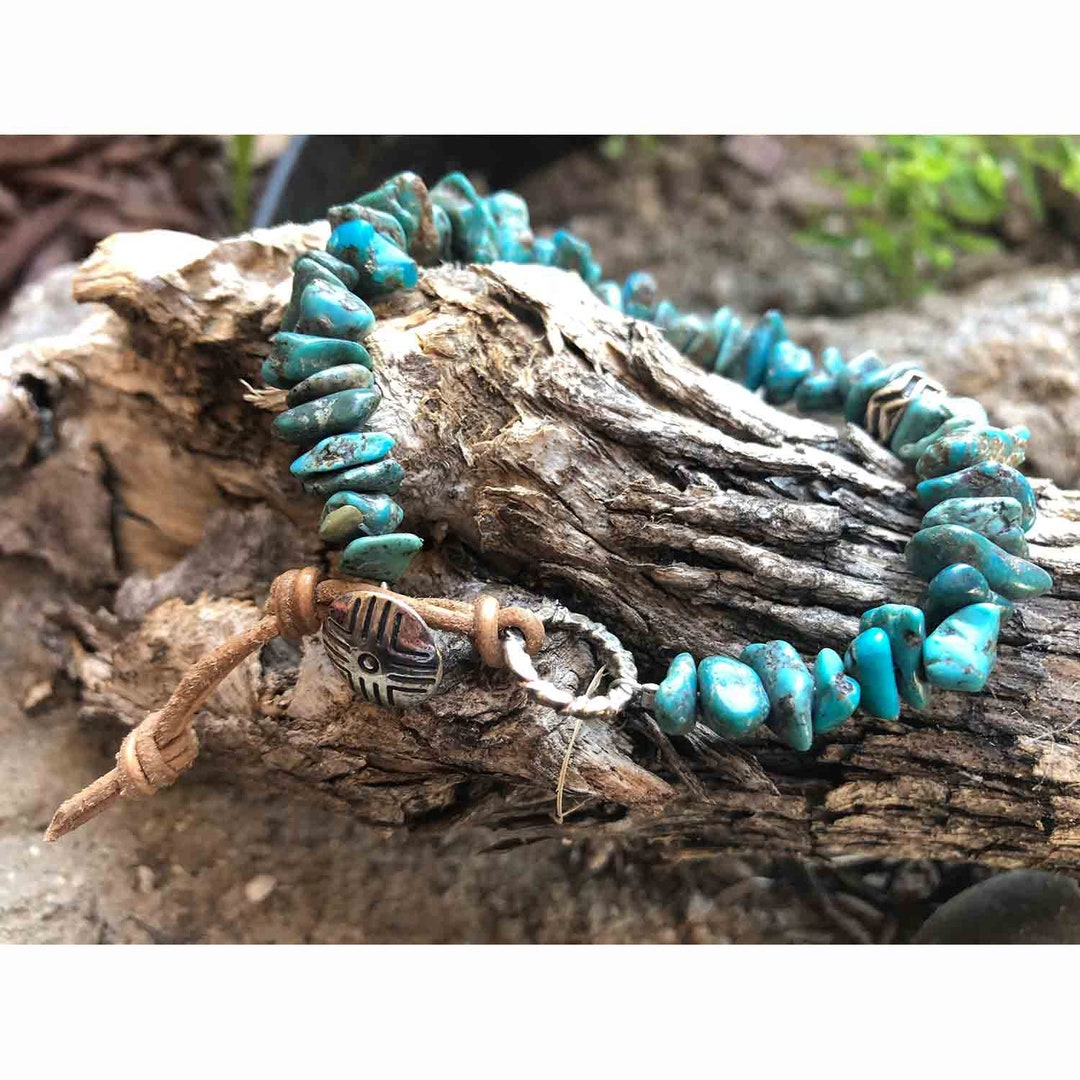 Life Boho - Tan Leather Santa Fe Sterling Silver Turquoise Button 