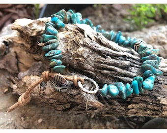 Life Boho - Tan Leather Santa Fe Sterling Silver Turquoise Button Bracelet, Turquoise Beaded Bracelet, Silver Santa Fe Button FREE SHIPPING