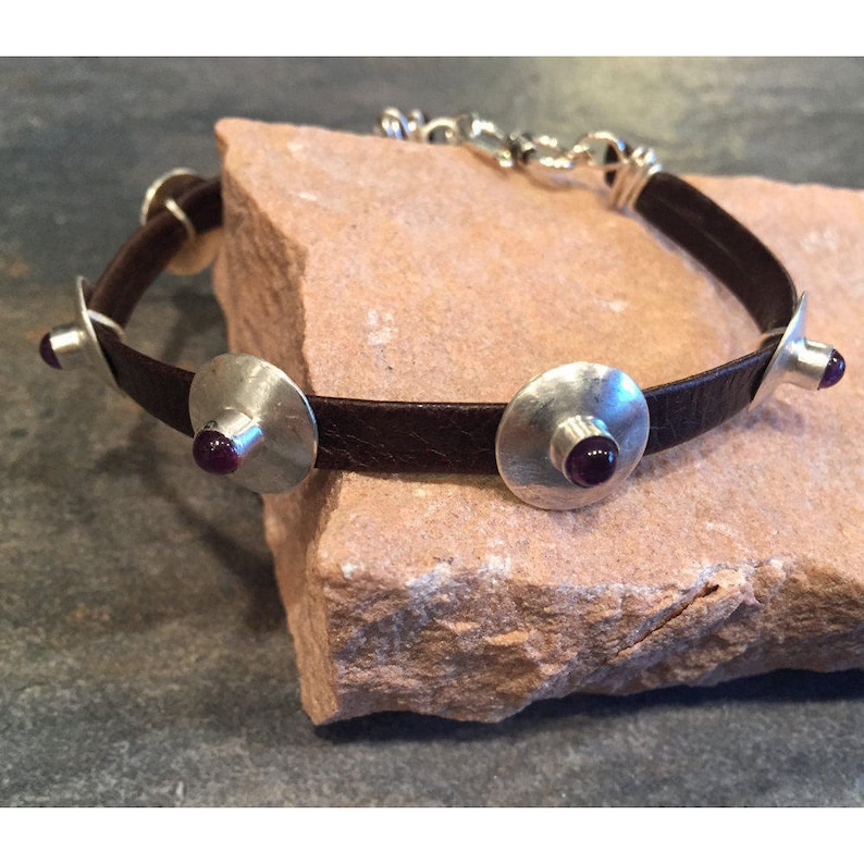 Life Boho Sterling Silver Clasp FREE SHIPPING Sterling Silver Concha Brown Leather Amethyst Bracelet Silver Amethyst Cabochon Bracelet