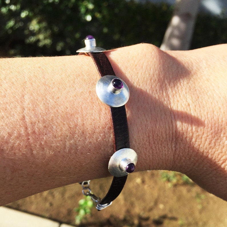 Life Boho Sterling Silver Clasp FREE SHIPPING Sterling Silver Concha Brown Leather Amethyst Bracelet Silver Amethyst Cabochon Bracelet
