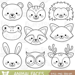 Woodland Animal Faces Digital Stamp, Forest Animals Heads, Wild Cute Fox Deer Squirrel Raccoon Rabbit Bear Hedgehog Graphic PNG Download