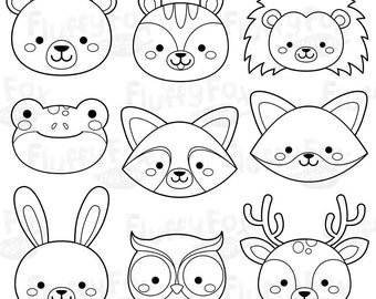 Woodland Animal Faces Digital Stamp, Forest Animals Heads, Wild Cute Fox Deer Squirrel Raccoon Rabbit Bear Hedgehog Graphic PNG Download