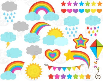 Rainbow Set Clipart, Weather Clip Art, Comet Cloud Lightning Thunder Sun Stars Hearts Kite Bunting Rain Cute Colorful, Graphic PNG Download