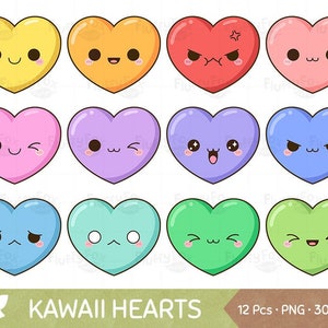 Kawaii Heart Clipart, Cute Hearts Clip Art Valentine Love Funny Happy Face Pastel Color Rainbow Emoji Expression, Utilisation commerciale