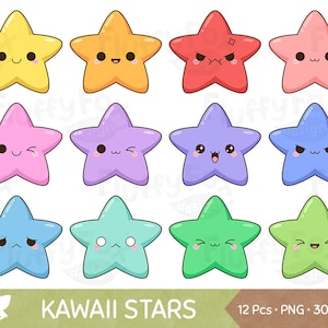 Kawaii Star Clipart, Cute Stars Clip Art, Galaxy Happy Funny Face Emoji Expression Cartoon Character Digital Rainbow PNG Graphic Download