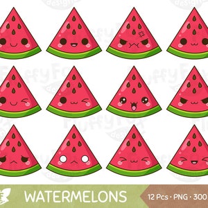 Kawaii Watermelon Slices Clipart, Cute Fruit Faces Clip Art, Cartoon Produce Food Farm Design Expression Emoji Digital Graphic PNG Download
