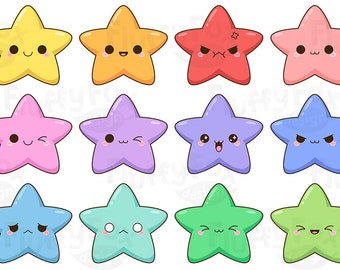 Kawaii Star Clipart, Cute Stars Clip Art, Galaxy Happy Funny Face Emoji Expression Cartoon Character Digital Rainbow PNG Graphic Download