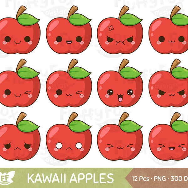 Kawaii Red Apple Clipart, Cute Apples Faces Clip Art, Fruit Cartoon Food Farm Produce Design Expression Emoji Digital Graphic PNG Download