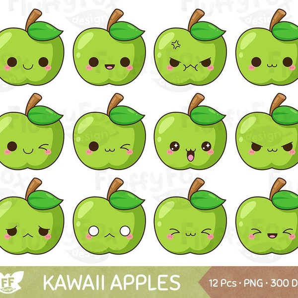 Kawaii Green Apple Clipart, Cute Apples Faces Clip Art, Fruit Cartoon Produce Food Farm Design Expression Emoji Digital Graphic PNG Download