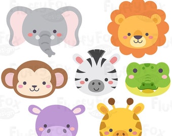 Safari Animal Faces Clipart: Lion, Monkey, Elephant, Zebra, Hippo, Giraffe, Crocodile Graphics (PNG Download)