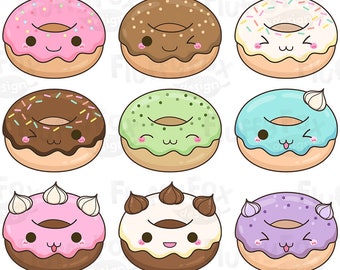 Kawaii Donut Clipart, Doughnut Clip Art, Snack Sweets Cute Pastry Vanilla Pastel Creamy Food Dessert Bakery Emoji Face PNG Graphic Download