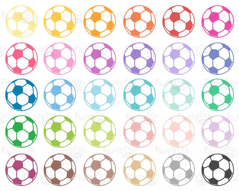 May include: A set of 36 colorful soccer ball icons. Each ball is a different color, including yellow, pink, purple, blue, green, red, orange, brown, gray, and black. The balls are all the same size and shape, and they are arranged in a grid pattern.