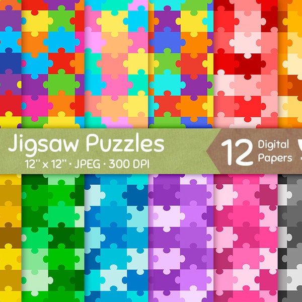Jigsaw Puzzles Digital Paper, Seamless Pattern, Colorful Rainbow Repeatable Background Graphic School Children Autism Awareness Learning