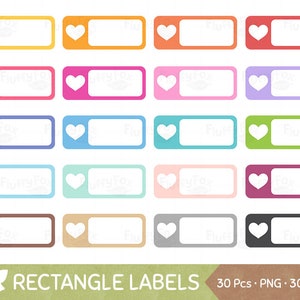 May include: A set of rectangular labels in a variety of colours, each featuring a white heart on the left. Colours include yellow, orange, red, pink, purple, blue, green, teal, brown, and grey. The text "RECTANGLE LABELS" is at the bottom.