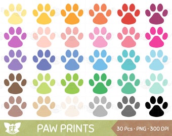 May include: A collection of 30 colorful paw print graphics in various shades, including yellow, orange, red, purple, pink, blue, green, brown, gray, and black. The text "PAW PRINTS" is displayed at the bottom.