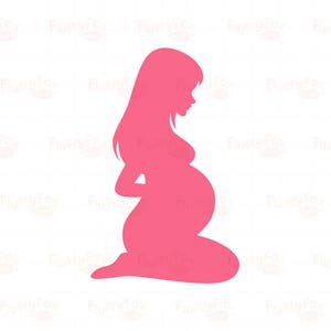 Puede incluir: Silueta rosa de una persona embarazada arrodillada, con las manos entrelazadas alrededor del vientre. La figura tiene pelo largo y mira hacia la izquierda. El fondo es blanco, con el texto "FluffyFox" repetido.