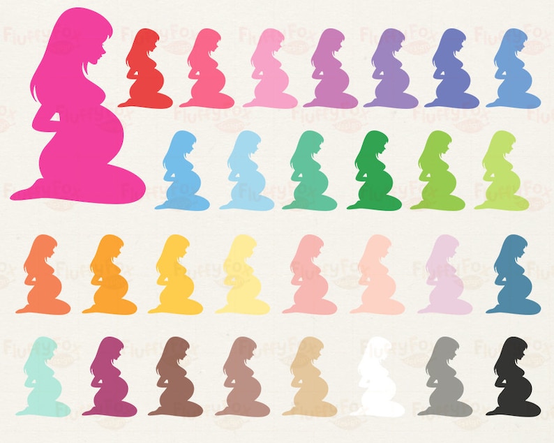 Puede incluir: Una colecci&oacute;n de im&aacute;genes de siluetas coloridas de una persona embarazada en posici&oacute;n sentada. Las siluetas son de varios colores, incluyendo rosa, rojo, azul, verde y amarillo. Las im&aacute;genes probablemente est&aacute;n destinadas a proyectos de dise&ntilde;o o artesan&iacute;a.