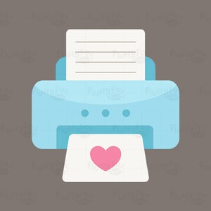 May include: A light blue printer with a white sheet of paper in the tray. The paper has a pink heart printed on it.