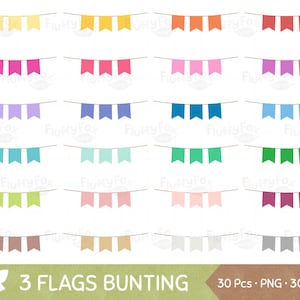 Bunting Flag Clipart, Party Banner Clip Art, Pennant 3 Three Flags Set Colorful Rainbow Graphic Birthday Seamless, Digital PNG Download