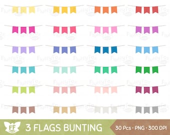 Bunting Flag Clipart, Party Banner Clip Art, Pennant 3 Three Flags Set Colorful Rainbow Graphic Birthday Seamless, Digital PNG Download