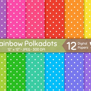 Rainbow Polkadot Digital Paper, Bright Bold Color Multicolor Dots, Seamless Pattern, Tileable Repeatable Background, Commercial Use image 1