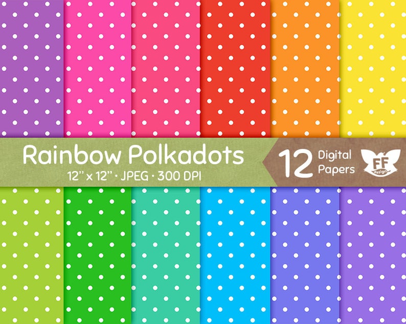 Rainbow Polkadot Digital Paper, Bright Bold Color Multicolor Dots, Seamless Pattern, Tileable Repeatable Background, Commercial Use image 1