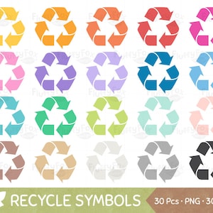 以下が含まれることがあります： 黄色、オレンジ、赤、ピンク、紫、青、緑、茶色など、さまざまな色合いのカラフルなリサイクルシンボルのコレクション。画像には「RECYCLE SYMBOLS」と「30 Pcs • PNG • 300 DPI」というテキストが含まれています。