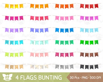 Watercolor Bunting Four Flags Clipart, Party Banner Clip Art 4 Flag Pennant Colorful Rainbow Graphic Birthday Seamless Digital PNG Download