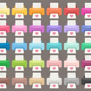 May include: A set of 30 colorful printer icons with a heart design. Each printer icon has a different color, including yellow, pink, blue, green, and brown.