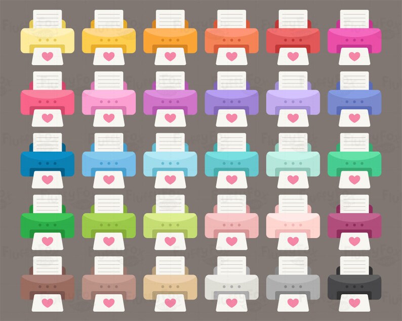 May include: A set of 30 colorful printer icons with a heart design. Each printer icon has a different color, including yellow, pink, blue, green, and brown.