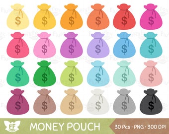 Money Pouch Clipart, Coin Satchel Clip Art, Gold Coins Bag Sack Rainbow Bill Finance Dollar Bucks Icon Digital Graphic, Commercial Use