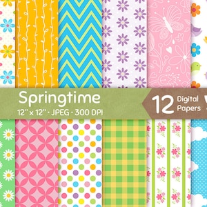 Vårens digitala papper, vårpapper, sömlöst mönster, repeterbar bakgrund, blomma påskfågel regnbåge nedladdning, kommersiellt bruk