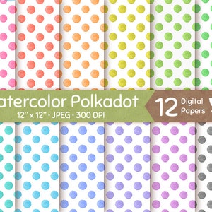 Könnte beinhalten: Zwölf digitale Papiere mit Aquarell-Polka-Dots in verschiedenen Farben: Rosa, Orange, Gelb, Grün, Blau, Lila und Grau. Jedes Papier misst 30,48 cm x 30,48 cm und hat eine Auflösung von 300 DPI.